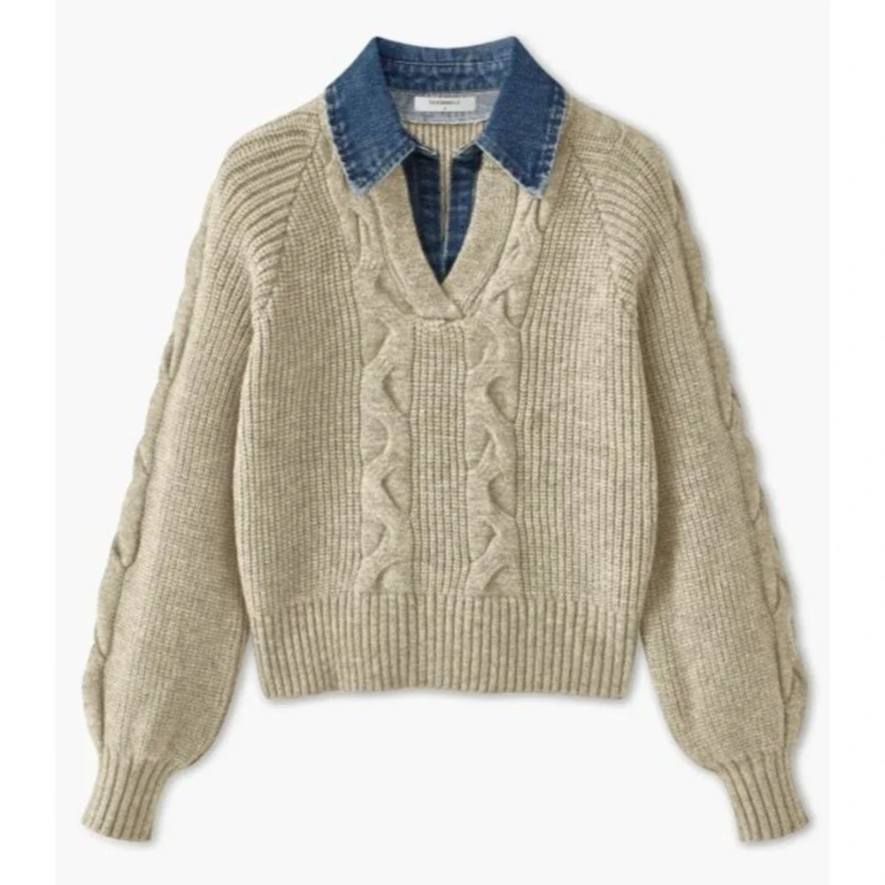 NWT COMMENSE Denim Collar Layered Sweater Beige Knit Sweater XS oversized fit - Picture 2 of 8